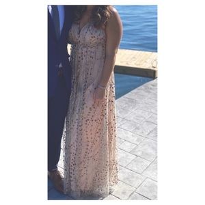 Lulu’s glitter blush strappy floor length dress.